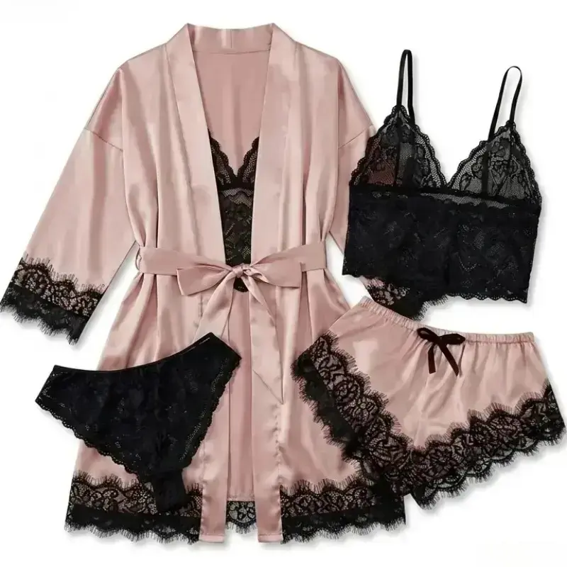 Bathrobe - Women's 4-Piece Satin Pajama Sets -