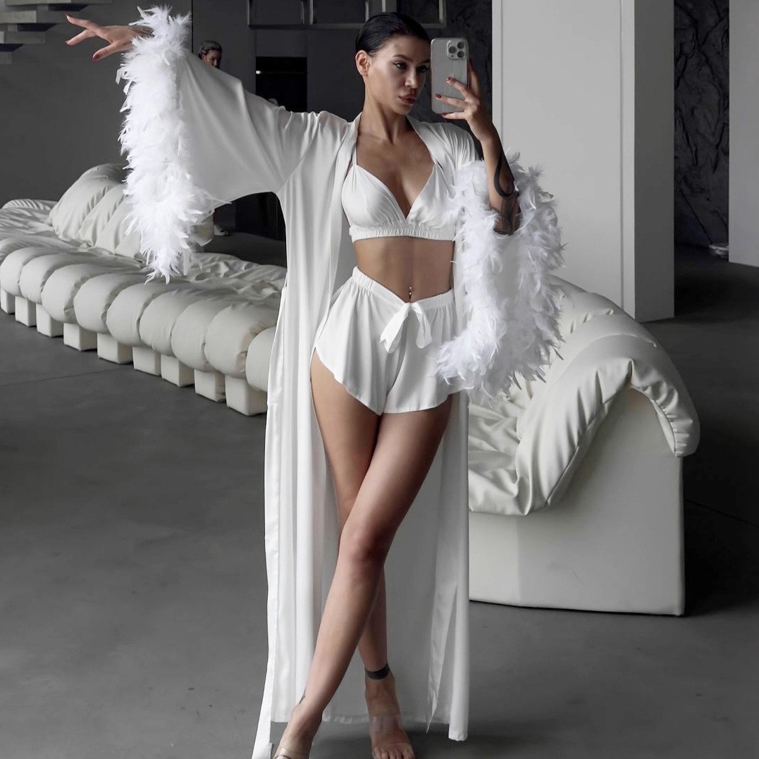 Three Set Feather Trim Robe Eu - Bathrobe review and price